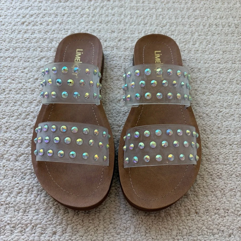 Limelight Studded Clear Strap Sandals Resortwear Vacation Rhinestone